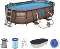 BESTWAY - Piscina Desmontable Tubular Power Steel 427x250x100 cm Depuradora de Cartucho 2.006 l/h Escalera y Cobertor Diseño Ratán