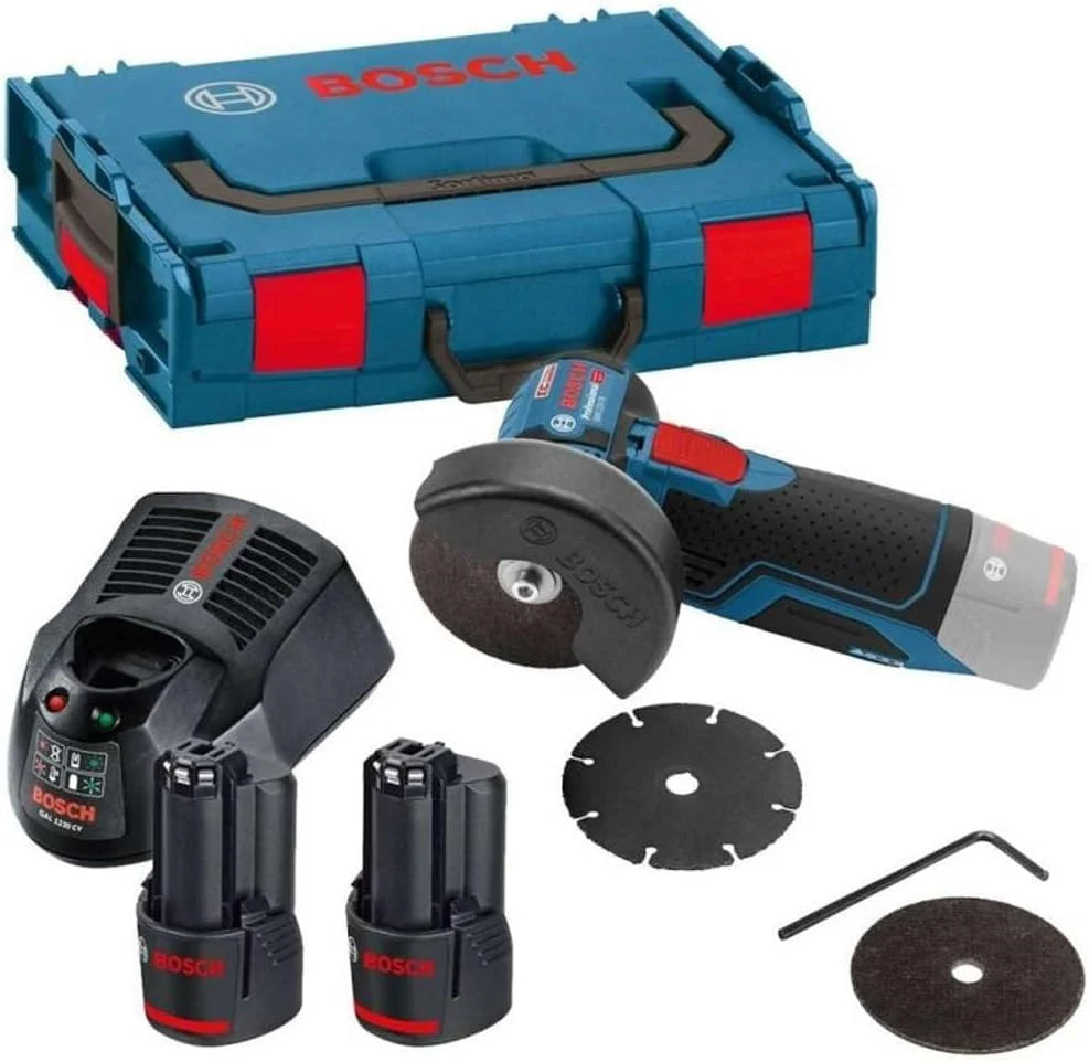 Bosch Professional system 12V: akumulatorowa szlifierka kątowa GWS 12V-76 (2 akumulatory GBA 12V 3.0Ah, szybka ładowarka GAL 12V-40, 3 tarcze tnące, walizka L-BOXX)