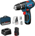 Taladro percutor a batería Bosch Professional 12V System GSB 12V-15 (Ø de perforación en madera máx.: 19 mm, incl. 2 baterías de 2.0Ah + cargador, 2 juegos de brocas, 1 juego de puntas, bolsa de herramientas) - Exclusivo de Amazon