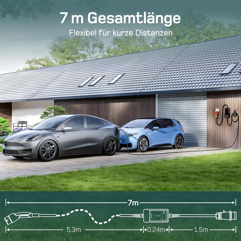 Wallbox móvil/estación de carga de 22kW con aplicación [trifásica|7m|6-32A] con medidor de energía, cable de carga CEE 32A a tipo 2 y cargador de VE para Model Y/3, ID.3/4/5, MG4, EX30, e-up, e-tron y otros VE/Híbridos enchufables