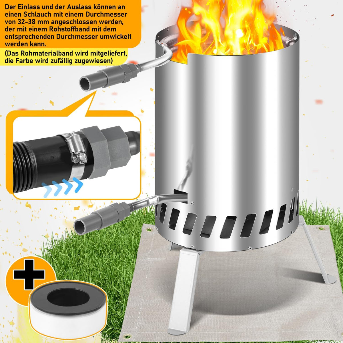 Calentador de piscina de leña Fiqops, calefactor de piscina con fuego, calentador de piscina de acero inoxidable tipo barril, horno para piscina con conexiones de 32-38 mm, calentador de piscina exterior de leña, con alfombrilla ignífuga y bandeja
