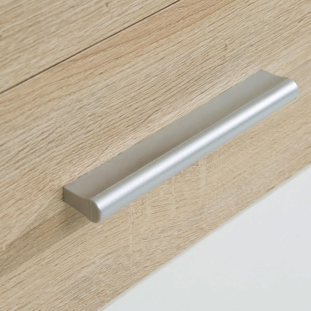 Cómoda Forte IKOLI 120, cómoda moderna, 3 puertas, 2 cajones, salón/dormitorio, pasillo, madera derivada, blanco con decoración de roble Sonoma, 119,6 cm de ancho x 81,7 cm de alto x 31,4 cm de fondo