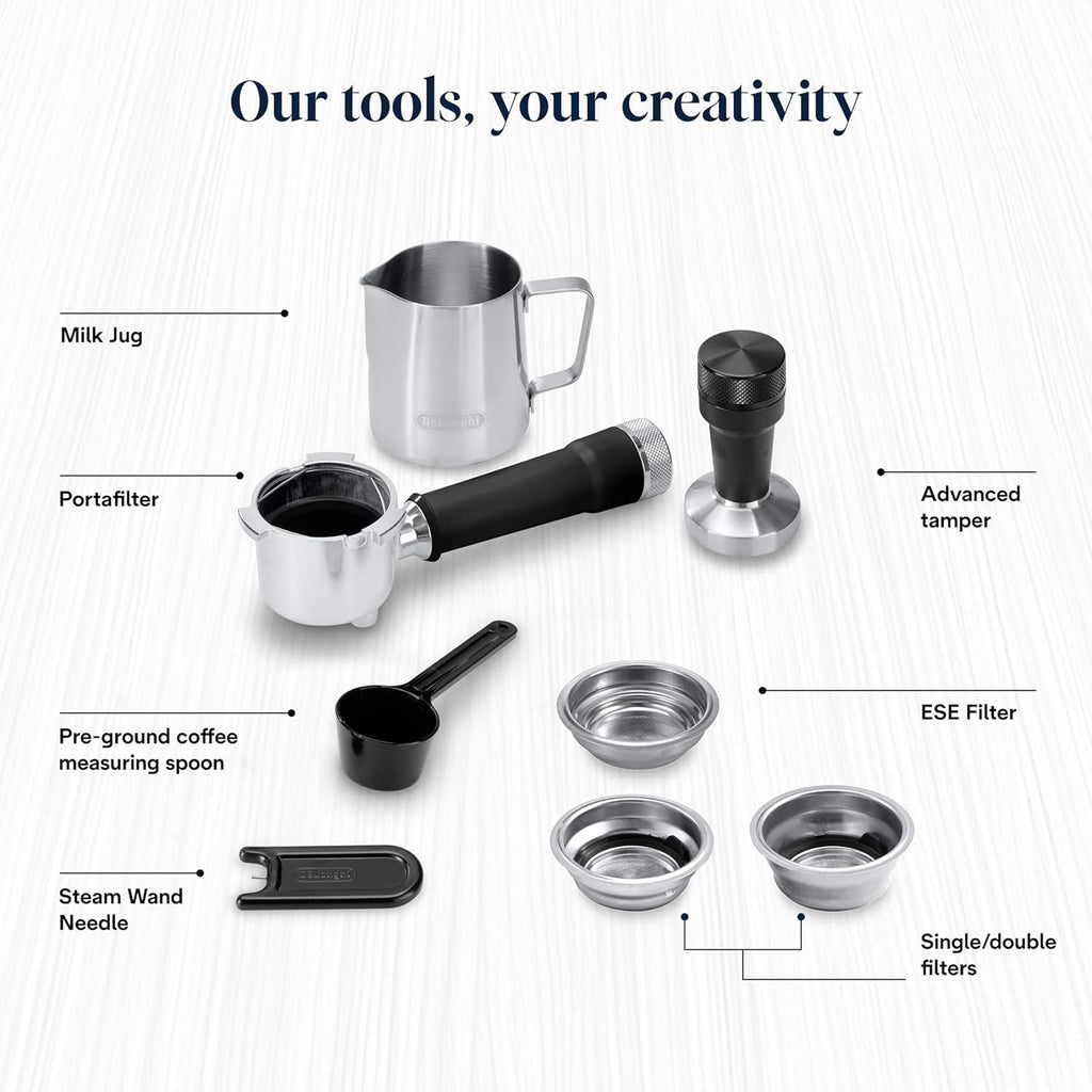 De'Longhi Dedica Duo - Cafetera de espresso de brazo compacta y perfecta con iconos táctiles, espumador de leche manual para espresso, capuchino y cold brew, 15 cm de ancho, metal (EC890.M)