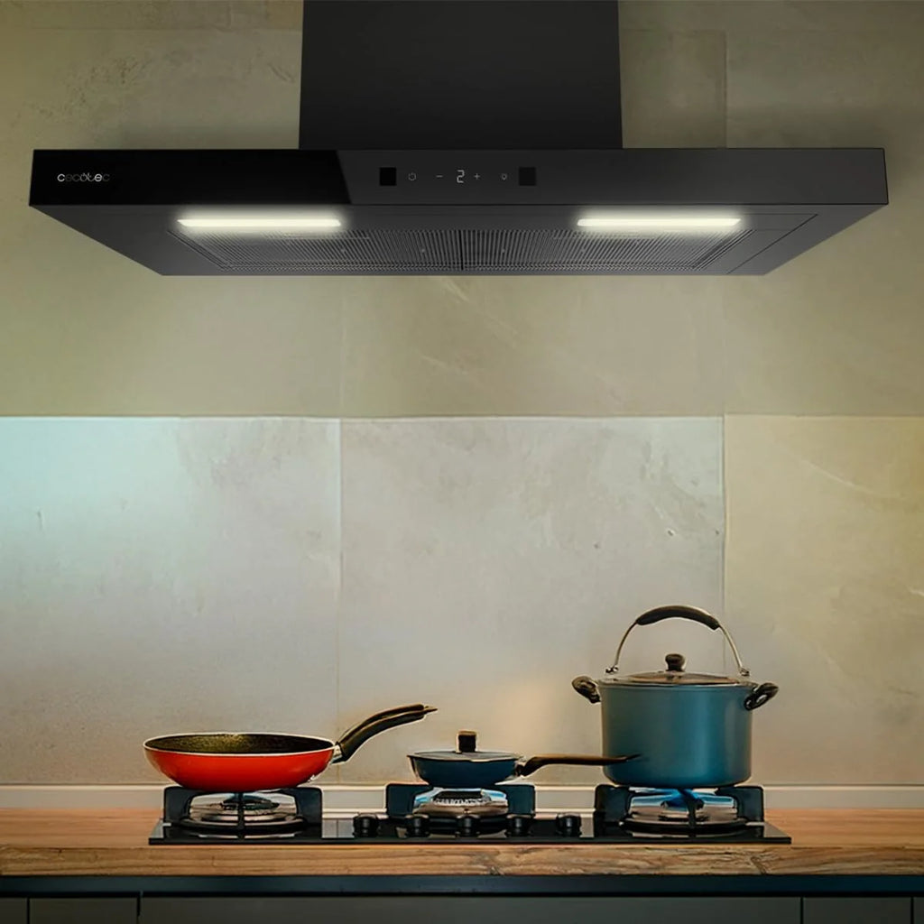Cecotec Bolero Flux TT 604400 Black A++, okap kuchenny w kształcie litery T, 60 cm, moc ssania 413,3 m³/h, klasa A++, niewidoczne sterowanie dotykowe, sterowanie ręczne ruchem, funkcja Booster, filtr