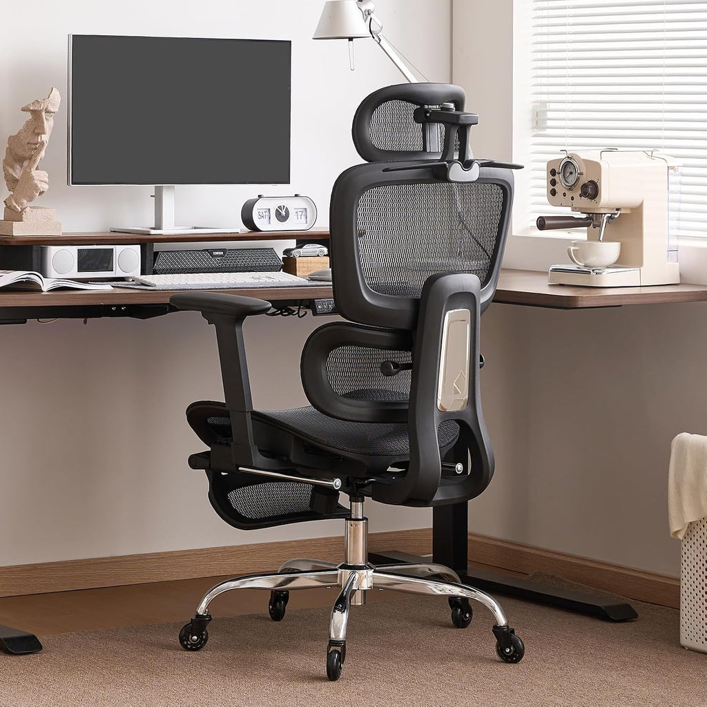 LarkLeaves Ergonomiczny Fotel Biurowy z Podnóżkiem Czarny L10 Pro