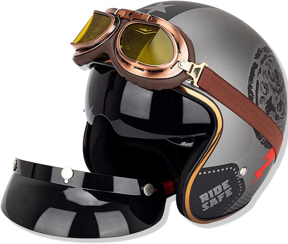 Casco de moto tipo jet vintage con gafas parasol - 3/4 cara abierta con certificación ECE para hombres y mujeres - Retro piloto chopper cruiser biker, M