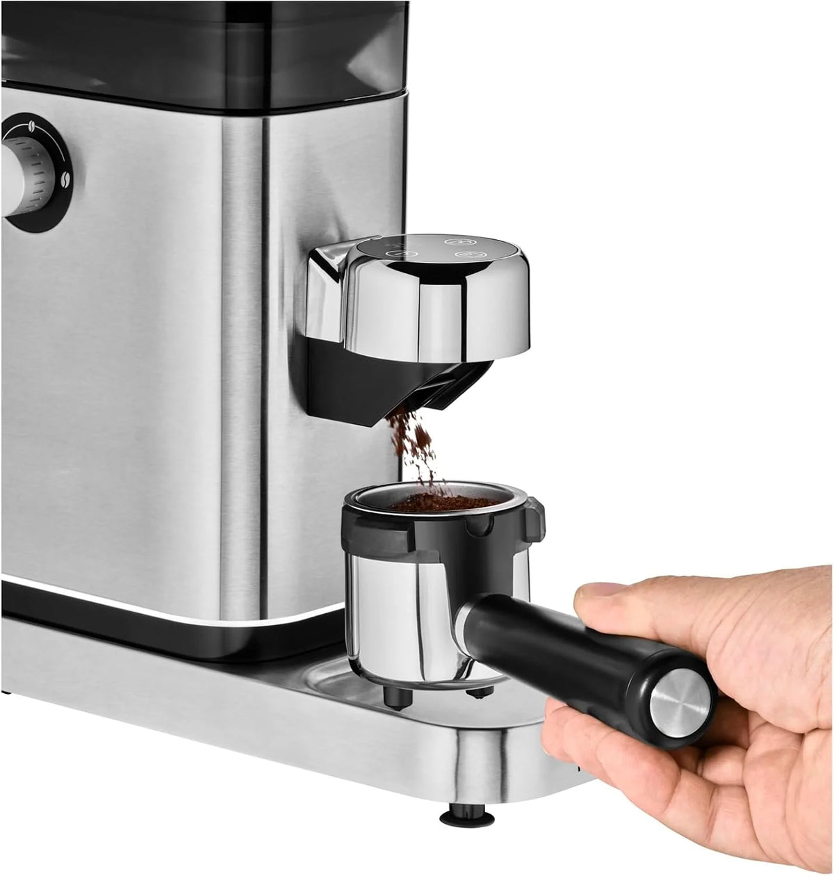 WMF Lumero elektryczny młynek do espresso 150 W, przyciski dotykowe LED, 40 stopni mielenia, pojemnik na kawę, stal nierdzewna Cromargan matowa