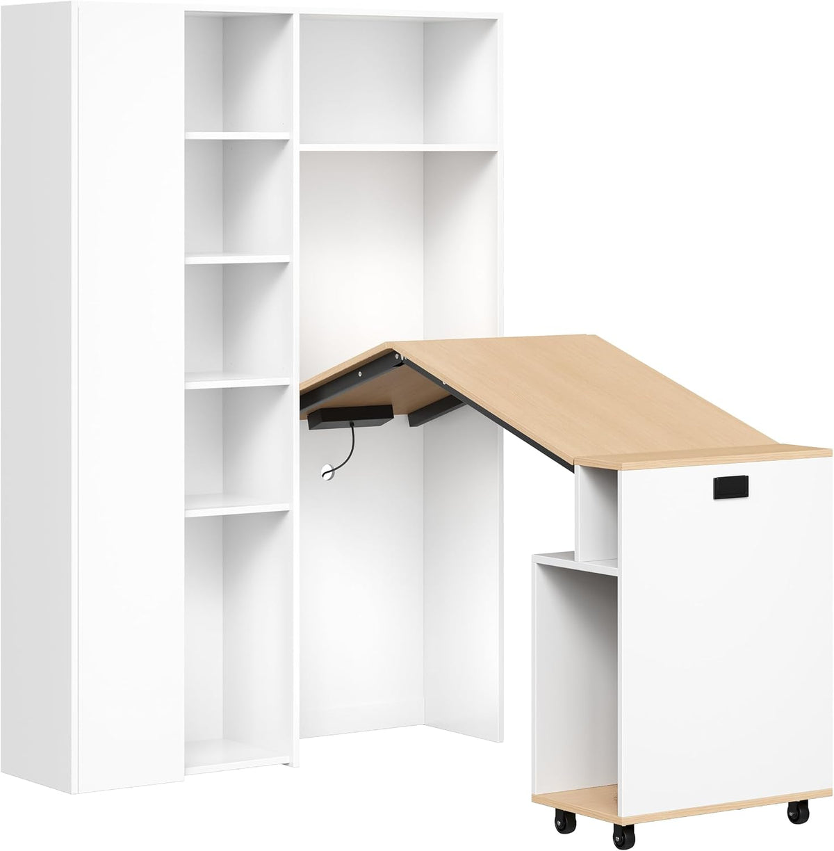 Escritorio plegable 2 en 1 Merax con estantes, toma de corriente y USB, protección antivuelco, escritorio esquinero izquierdo – Oficina en casa, apartamento de estudiantes, ahorro de espacio, funcional, estantería y puesto de trabajo, blanco