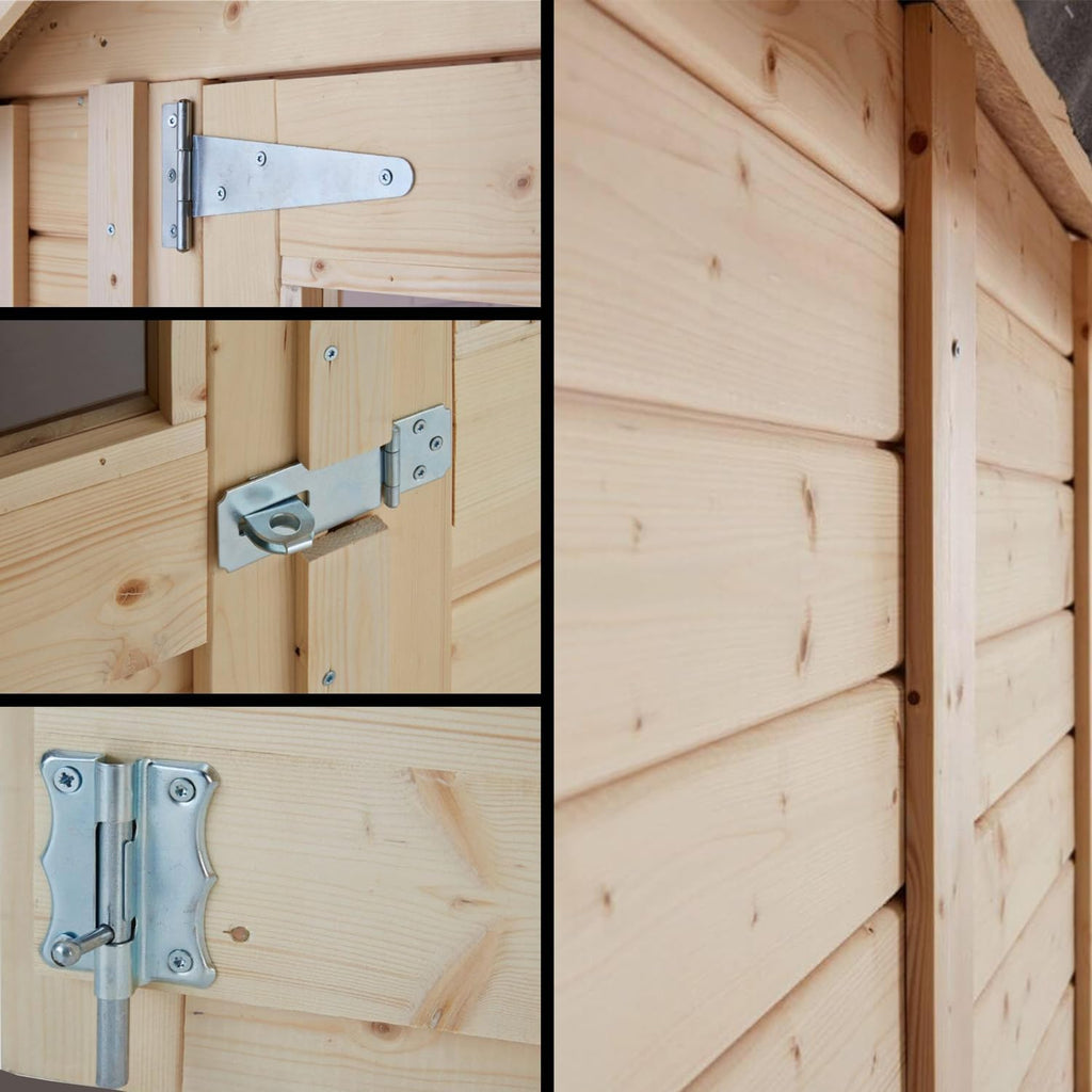 Caseta de jardín Alster, cobertizo de madera para herramientas, 251x254x210 cm, techo inclinado, incl. suelo, cobertizo de almacenamiento para jardín, cobertizo para bicicletas, 6m², pared de 19mm, acabado natural