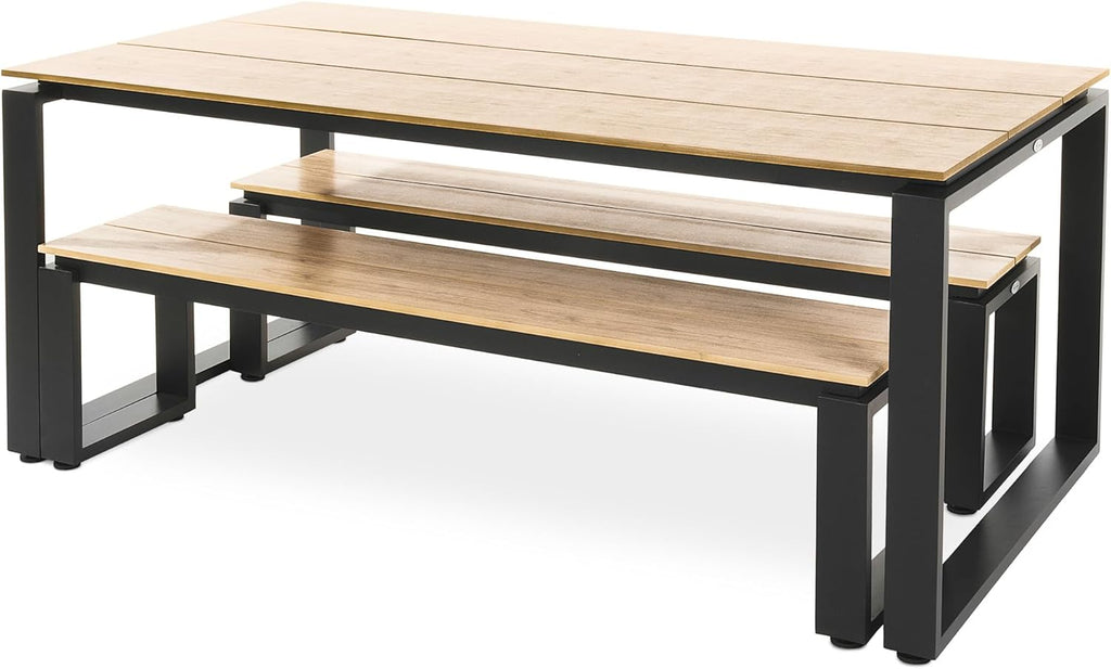 Muebles de jardín di volio Trento, conjunto de muebles de jardín: mesa de comedor espaciosa y 2 bancos de jardín, fabricados con materiales resistentes a la intemperie, para jardín y terraza