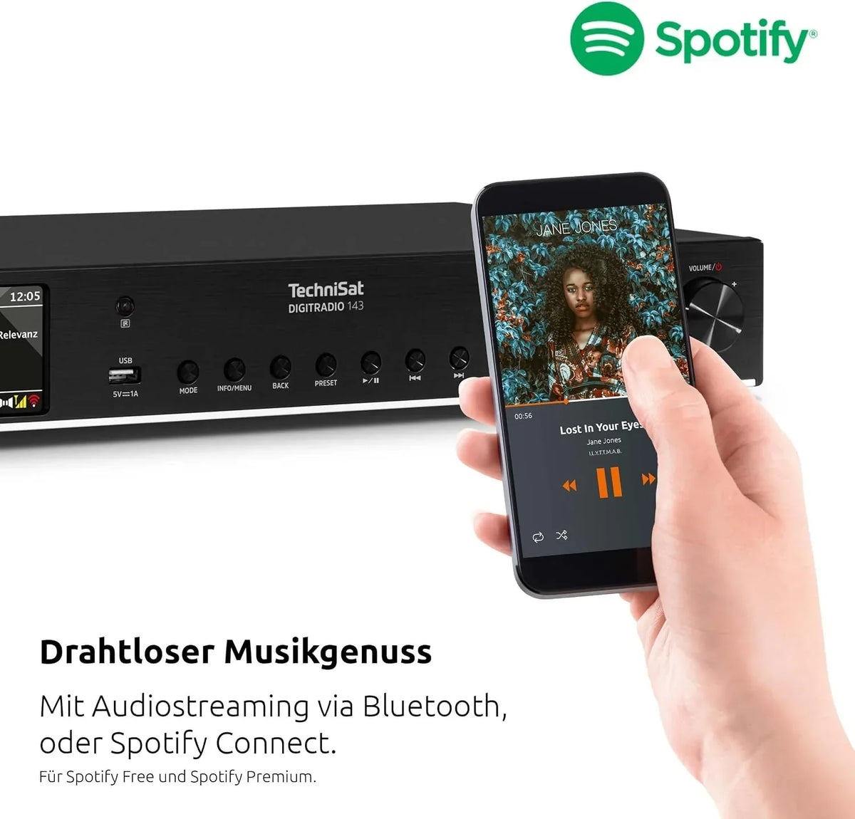 Sintonizador HiFi DIGITRADIO 143 V3 DAB+ radio por internet con Bluetooth, Spotify Connect, WLAN y mando a distancia 43,5 cm