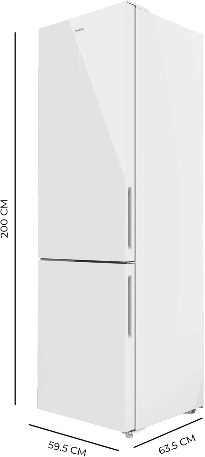 Frigorífico combi Cecotec Bolero CoolMarket Combi 356 White Glass E. 356L, Total No Frost, Multi Airflow, modo vacaciones, Humidity Box, puerta reversible, alarma de puerta.