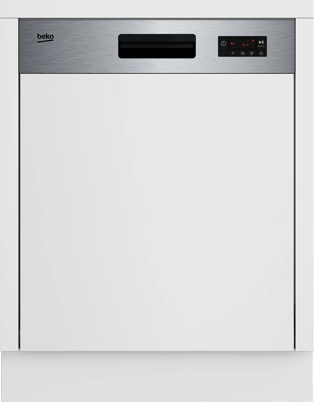 Beko BDSN15430X b300 zmywarka do zabudowy częściowo zintegrowana 60 cm, na 14 nakryć wymiarowych, 3 poziomy zmywania, 4 temperatury, 5 programów, połowa załadunku, automatyczne otwieranie drzwi,