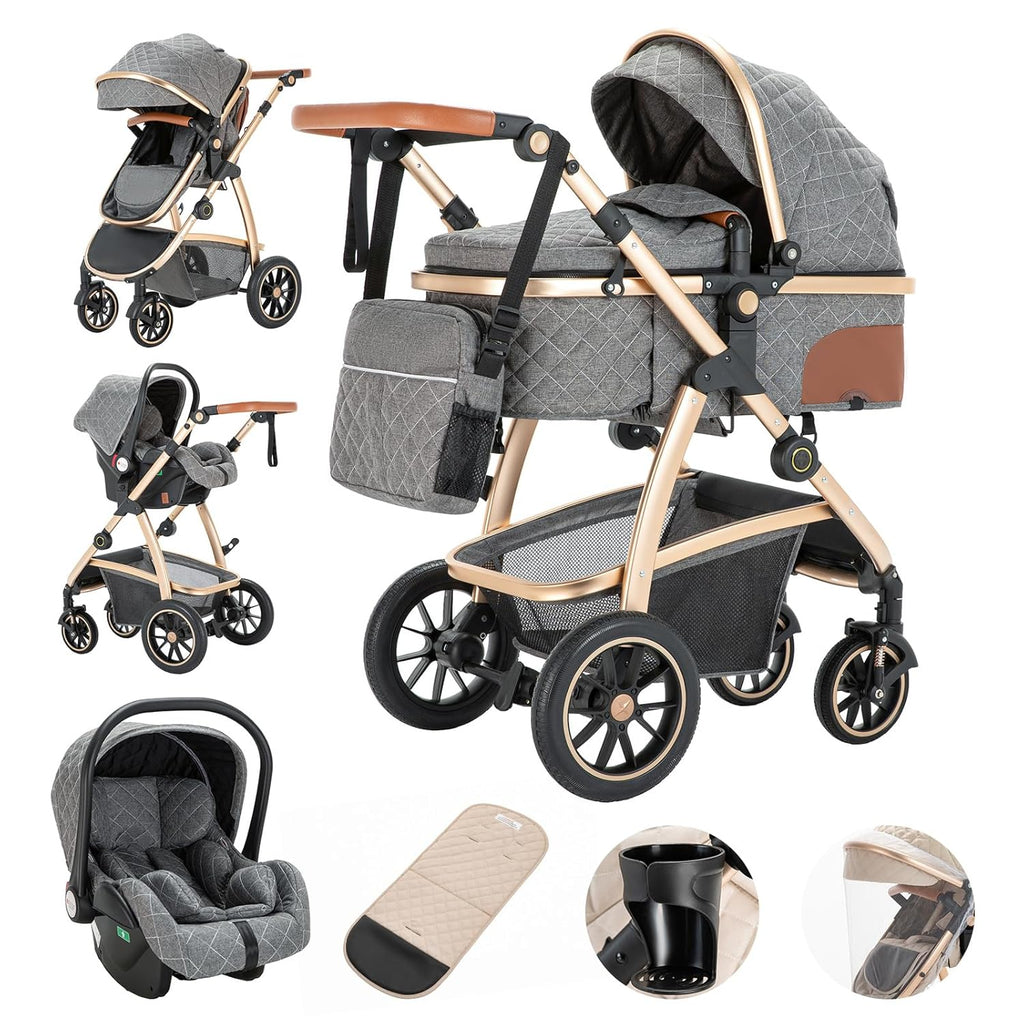 Cochecito 3 en 1 Gcarebb, silla de paseo con portabebés, cochecito completo con altura ajustable, cochecito combinado con marco de aluminio para recién nacidos de 0 a 4 años