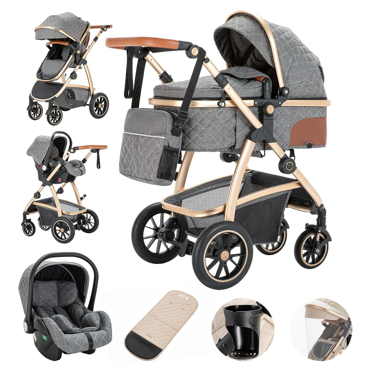 Cochecito 3 en 1 Gcarebb, silla de paseo con portabebés, cochecito completo con altura ajustable, cochecito combinado con marco de aluminio para recién nacidos de 0 a 4 años