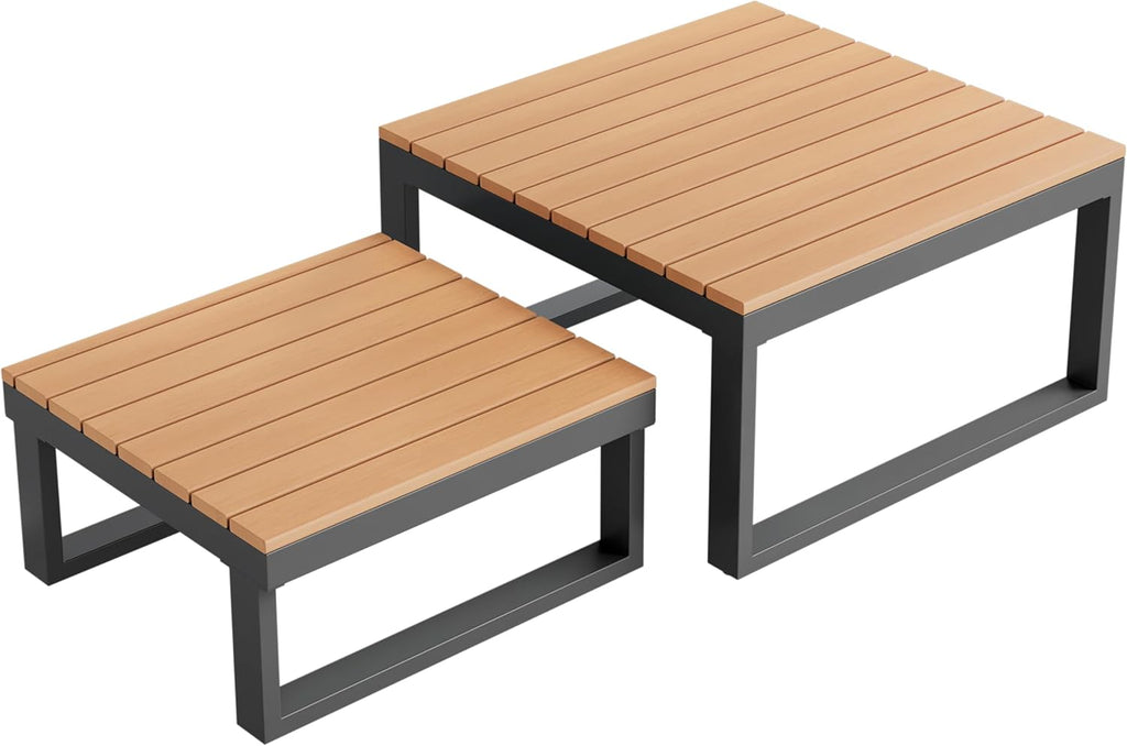 Set de muebles de jardín, posición en esquina, con función de inclinación ajustable (5 niveles, hasta 55°), tubo de acero galvanizado, tablero de mesa de madera plástica, con dos mesas de centro, beige + gris