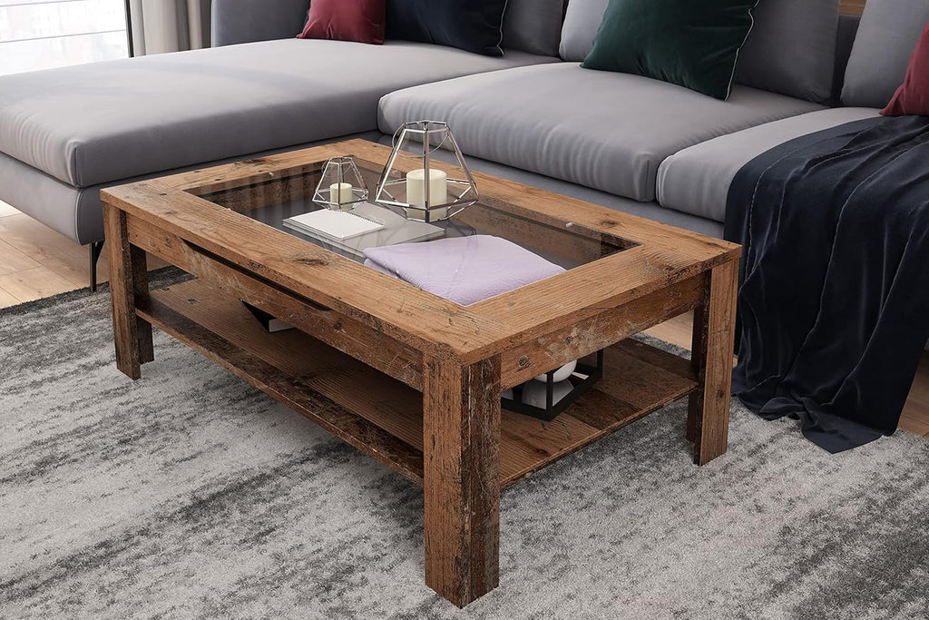 Mesa de centro Ralph de byLIVING / aspecto de madera vieja de roble marrón oscuro / mesa de sofá con incrustaciones de vidrio y un cajón espacioso en marrón / mesa auxiliar con mucho espacio de almacenamiento / An 110, Al 43, Pr 67 cm