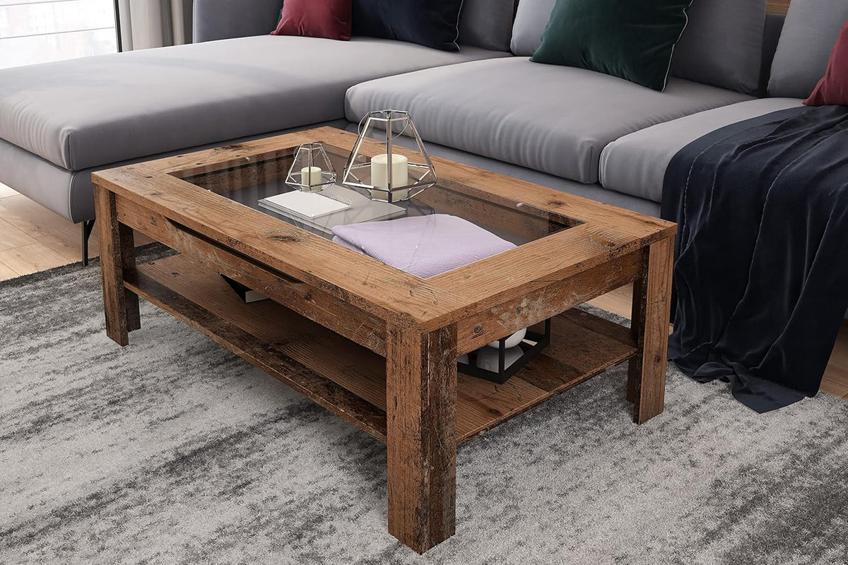 Mesa de centro Ralph de byLIVING / aspecto de madera vieja de roble marrón oscuro / mesa de sofá con incrustaciones de vidrio y un cajón espacioso en marrón / mesa auxiliar con mucho espacio de almacenamiento / An 110, Al 43, Pr 67 cm