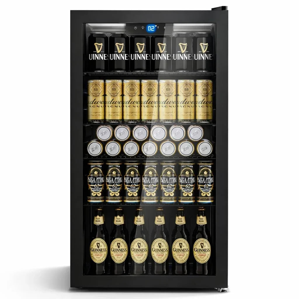 Refrigerador de bebidas YC-86 de 86 litros con 4 estantes, frente de cristal, iluminación LED y control digital de temperatura