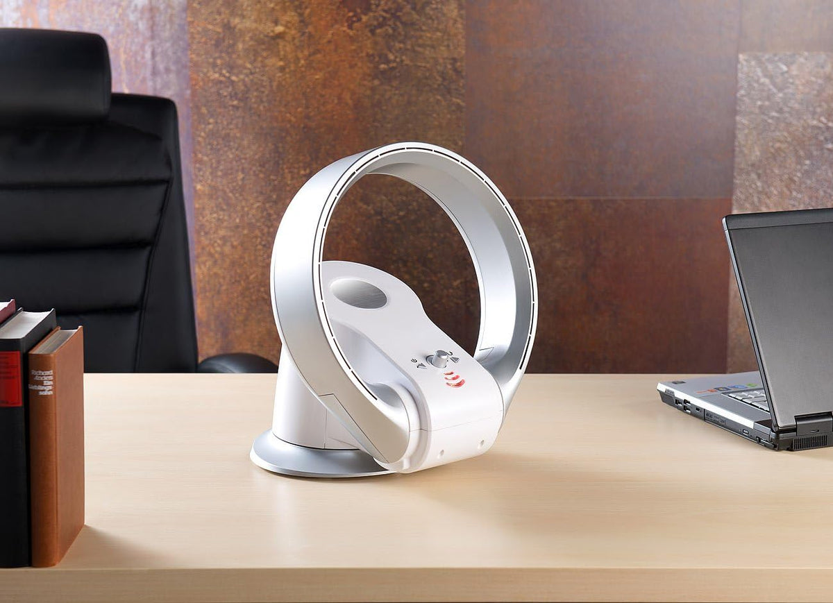 Ventilador sin aspas Sichler Haushaltsgeräte: Ventilador de mesa de 360° sin aspas y calefactor, oscilación, hasta 1100 W (ventilador con función de calefacción, sin hojas, mini)