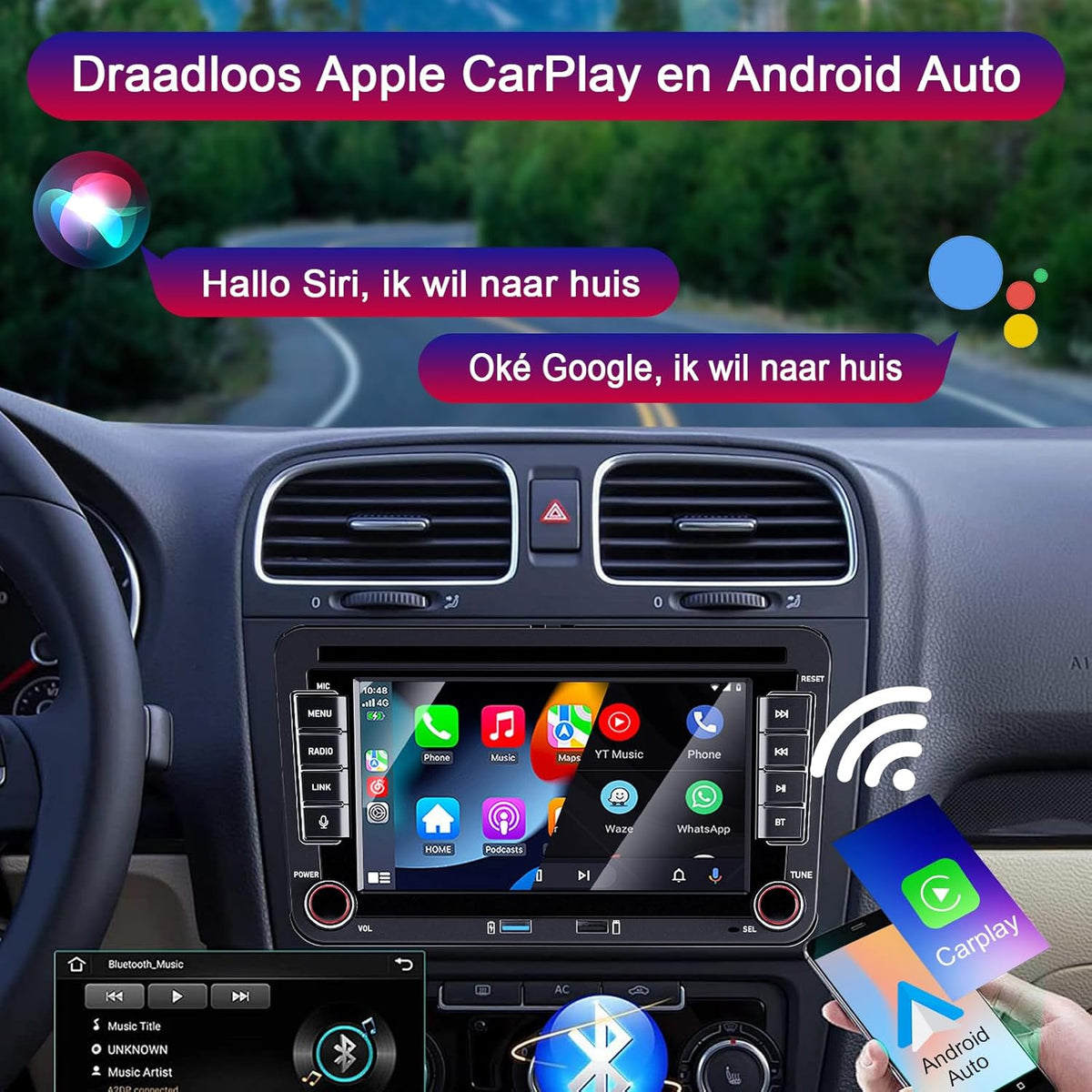 Autorradio Apple CarPlay para VW Golf 5 6 Polo T5 Tiguan Skoda Passat Jetta Caddy B6 B7 Touran Android Auto, pantalla táctil de 7 pulgadas Radio VW con Bluetooth/FM/AM/USB/RDS