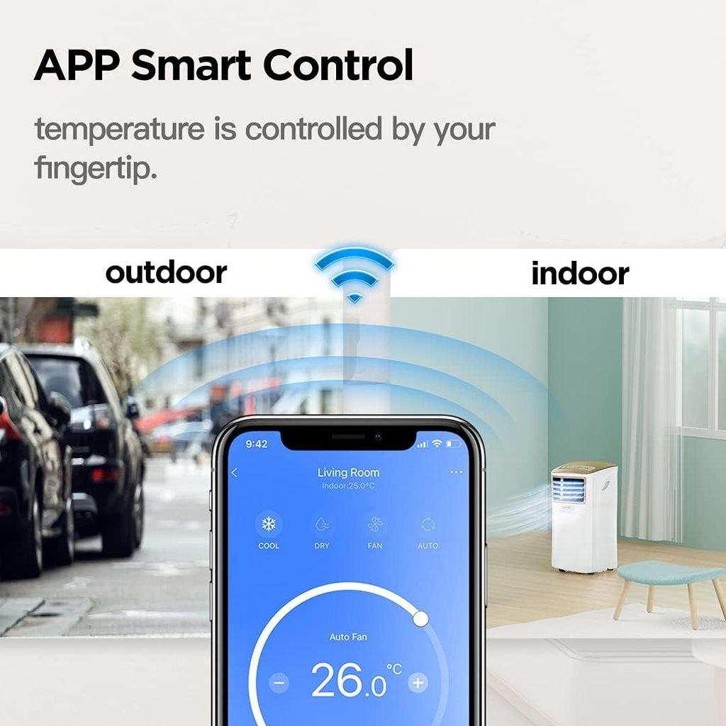 Aire acondicionado portátil Comfee Breezy Cool Pro 2.6, 9000 BTU 2,6 kW, refrigeración, ventilación y deshumidificación, control por aplicación, para habitaciones de hasta 88 m³ (33 m²), aire acondicionado móvil con tubo de escape