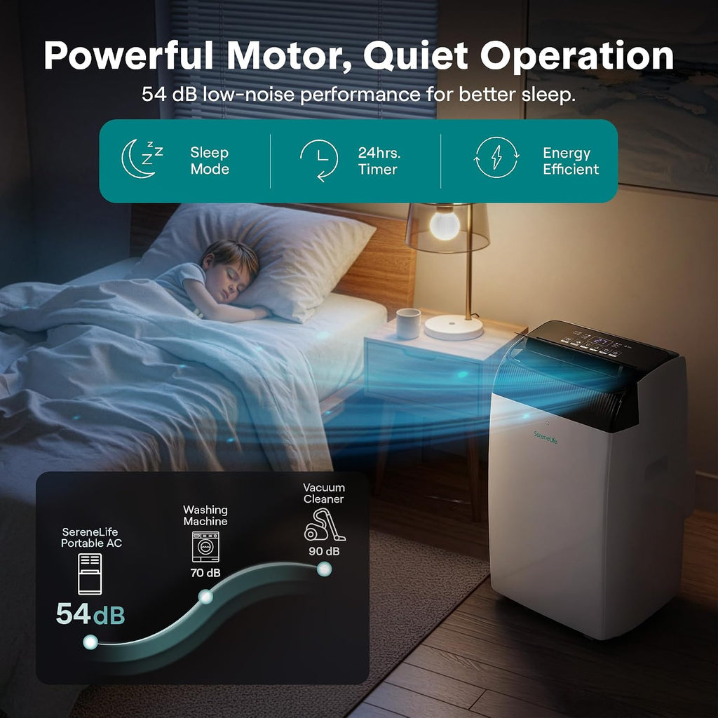Aire acondicionado portátil SereneLife de 12,000 BTU con deshumidificador, calefacción y ventilador | Unidad de aire acondicionado portátil con Wi-Fi para control climático en áreas amplias | Aire acondicionado compacto de pie con kit para ventana