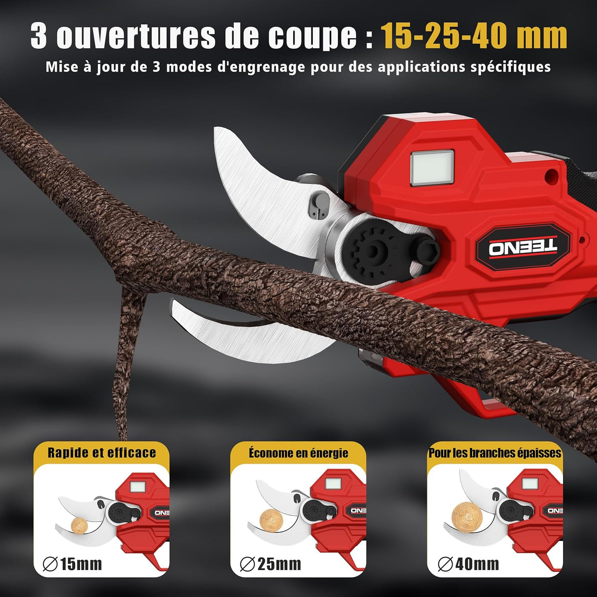 TEENO Tijeras de podar eléctricas 2 en 1 con pértiga telescópica, tijeras de podar inalámbricas de 40 mm con pantalla de 4000 mAh, 2 baterías de 2,0 Ah, para jardinería y árboles frutales