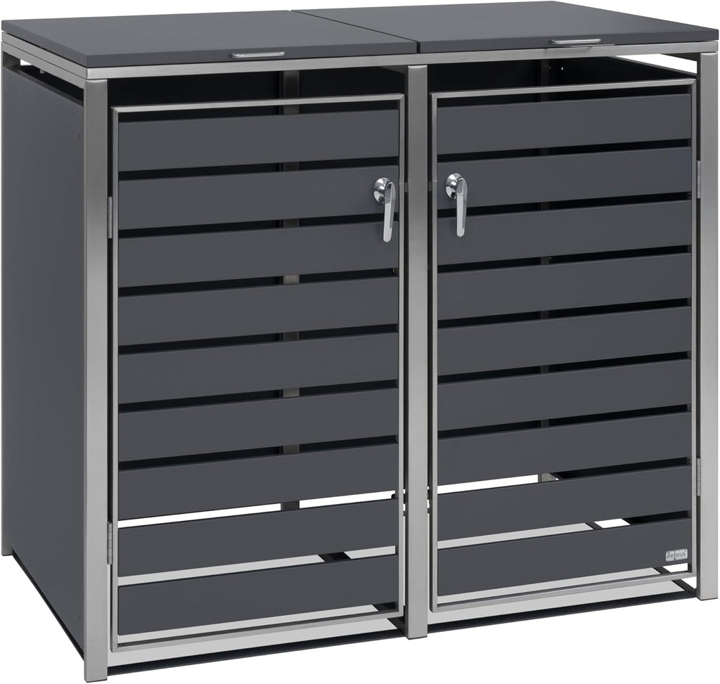 Zelsius - Cubo para 2 cubos de basura de acero inoxidable | (An) 132 x (P) 80 x (Al) 117 cm | Antracita RAL7016 | incl. posibilidad de ampliación | Revestimiento para cubos de basura, caja de basura para jardín, caseta para cubos de basura