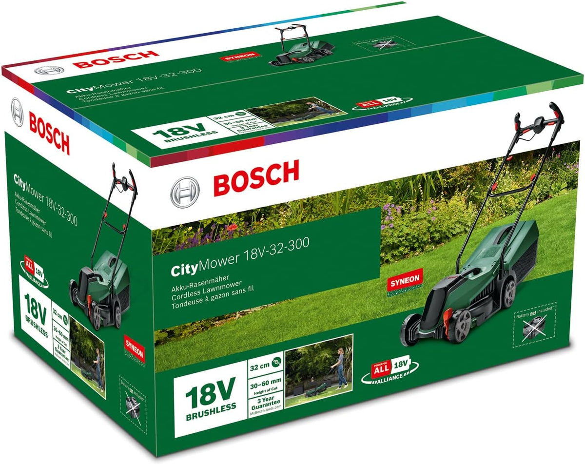 Cortacésped a batería Bosch CityMower 18V-32-300 (18 voltios, 1 batería de 4,0 Ah, ancho de corte: 32 cm, para superficies de césped de hasta 300 m², en caja)