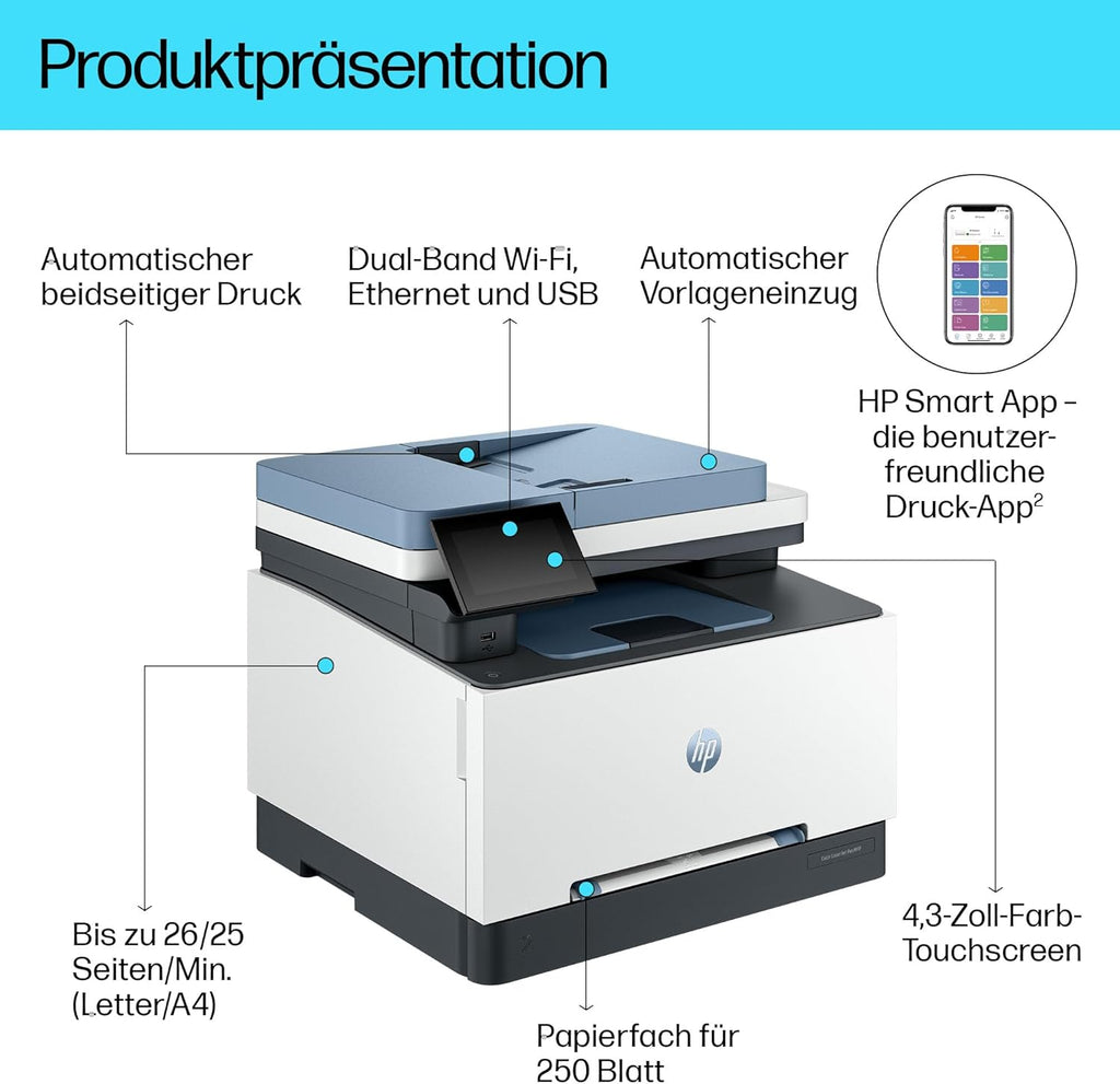 Impresora multifunción láser a color HP Color LaserJet Pro MFP 3302fdwg, fax, impresión automática a doble cara, pantalla táctil, Wi-Fi, Ethernet, USB, HP Wolf Pro Security