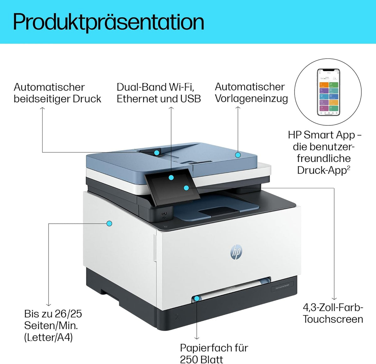Impresora multifunción láser a color HP Color LaserJet Pro MFP 3302fdwg, fax, impresión automática a doble cara, pantalla táctil, Wi-Fi, Ethernet, USB, HP Wolf Pro Security