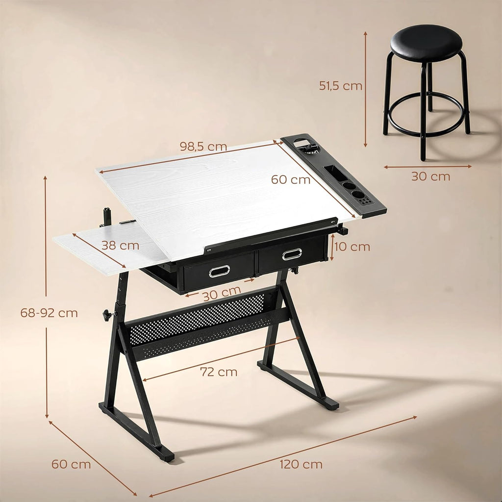 Mesa de dibujo HOMCOM con taburete, mesa de arquitecto, mesa de trabajo ajustable en altura con tablero inclinable y 2 cajones, escritorio para estudiantes, arquitectos y artistas, blanco