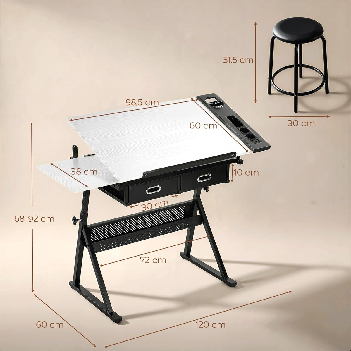 Mesa de dibujo HOMCOM con taburete, mesa de arquitecto, mesa de trabajo ajustable en altura con tablero inclinable y 2 cajones, escritorio para estudiantes, arquitectos y artistas, blanco