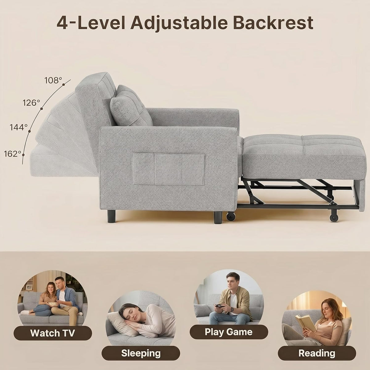 Gizoon Sofá cama convertible 3 en 1, silla cama individual extraíble con respaldo ajustable, sofá multifuncional espacioso para sala de estar, dormitorio, apartamento