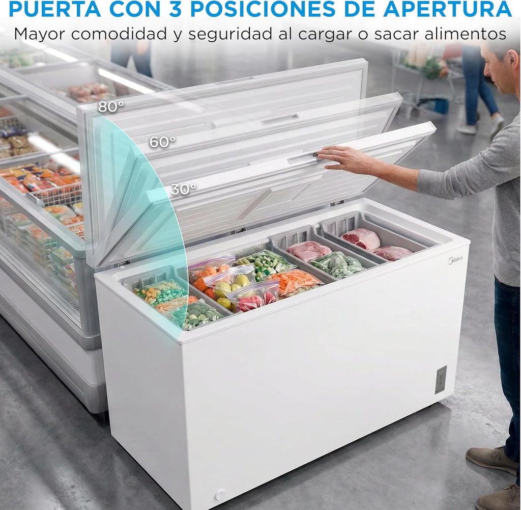 Congelador horizontal pequeño MIDEA de 418 L | Congelador arcón convertible a frigorífico con motor inverter, control electrónico de temperatura, cestas con asa | Arcón silencioso de 41 dB y bajo consumo