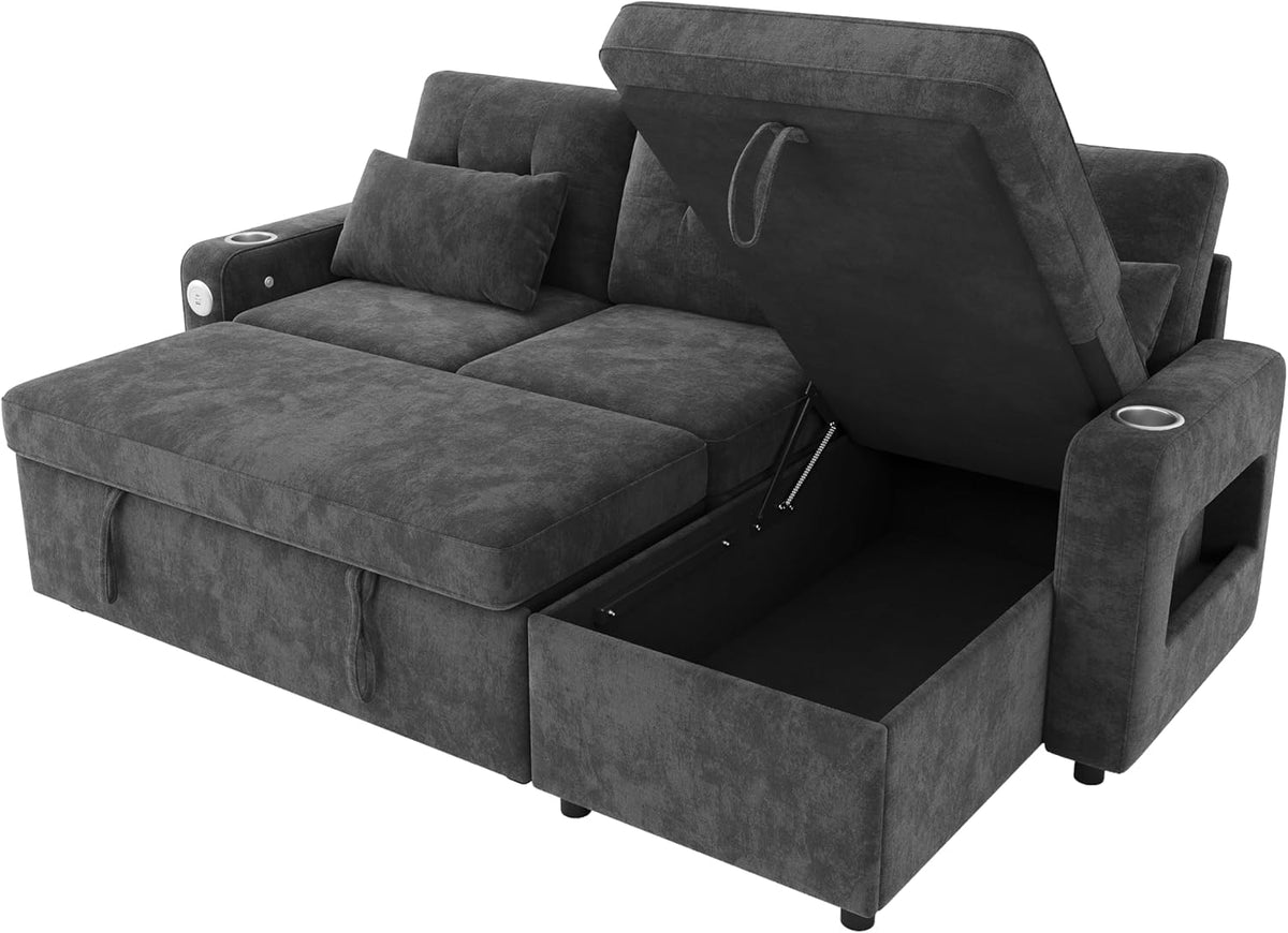 Sofá en L Merax con función cama y arcón, práctico sofá cama con espacio de almacenamiento, iluminación LED, USB/Tipo-C y 2 portavasos, sofá cama extraíble en forma de L, tela de chenilla, gris