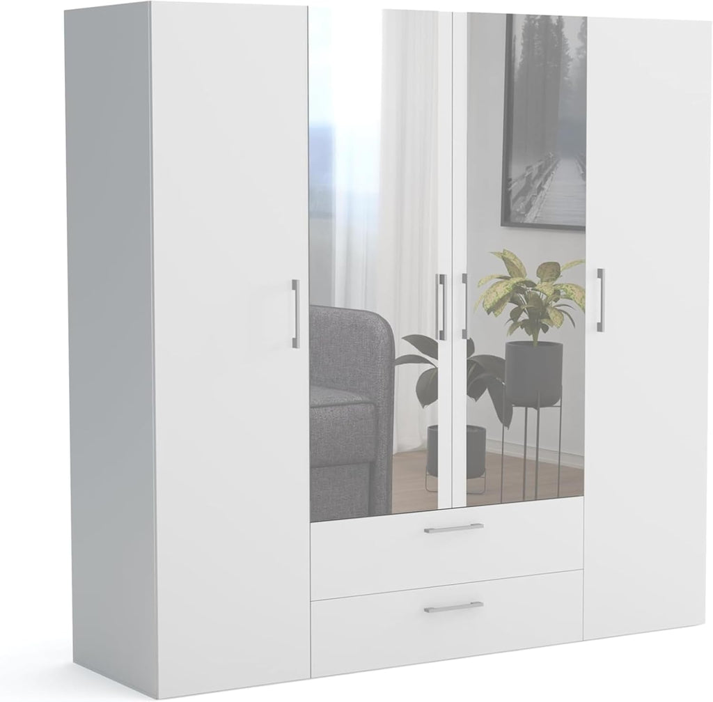 Brent - Armario con espejo, armario ropero (AnxAlxPr) 200x200x60 cm, armario con puertas, armario de dormitorio con estantes - Blanco