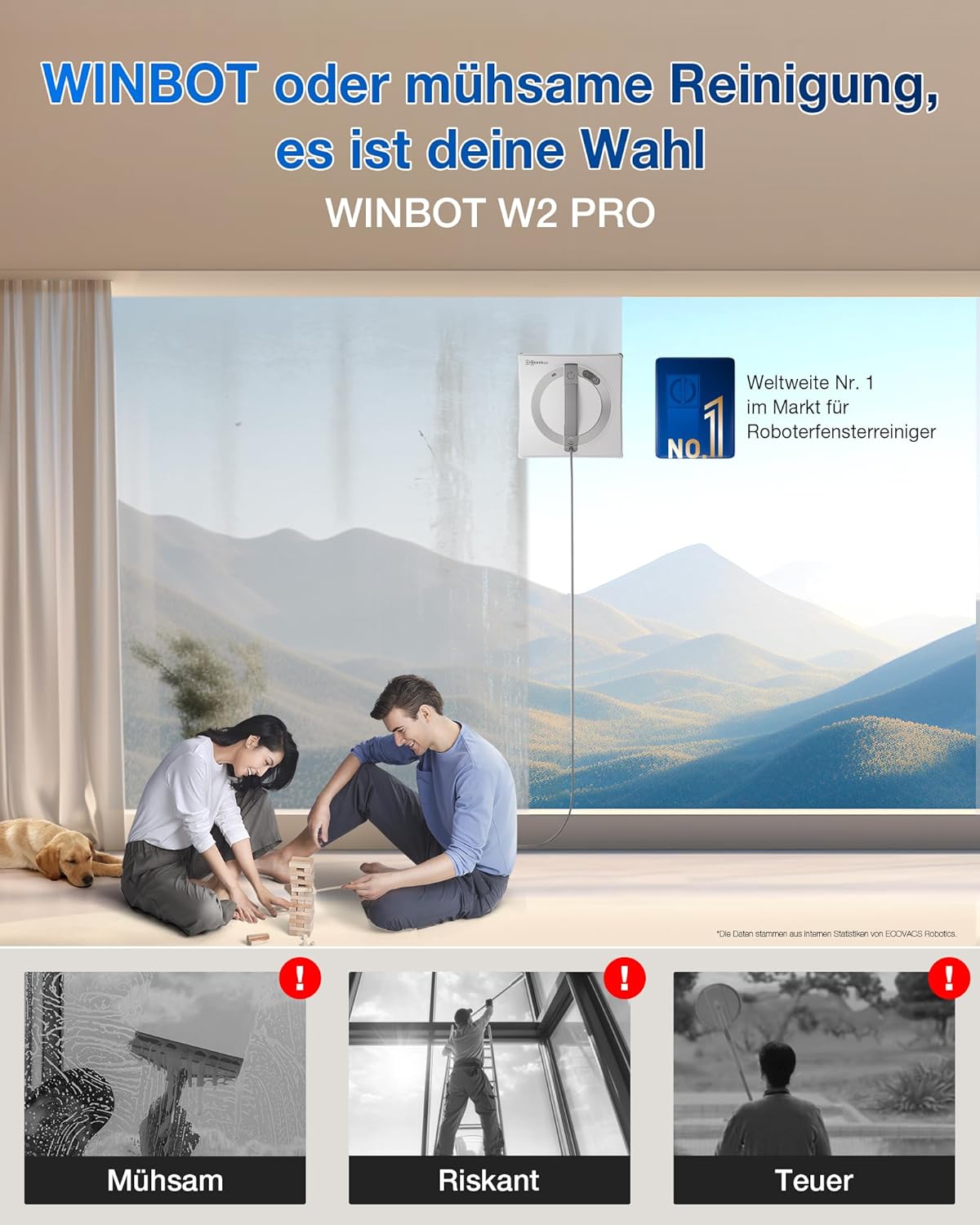 Robot limpiacristales ECOVACS WINBOT W2 PRO, pulverizador de agua de 3 boquillas, sistema de protección de 10 niveles, planificación de rutas Win-SLAM 4.0, sistema de escalada estable, detección de bordes, control por app, blanco