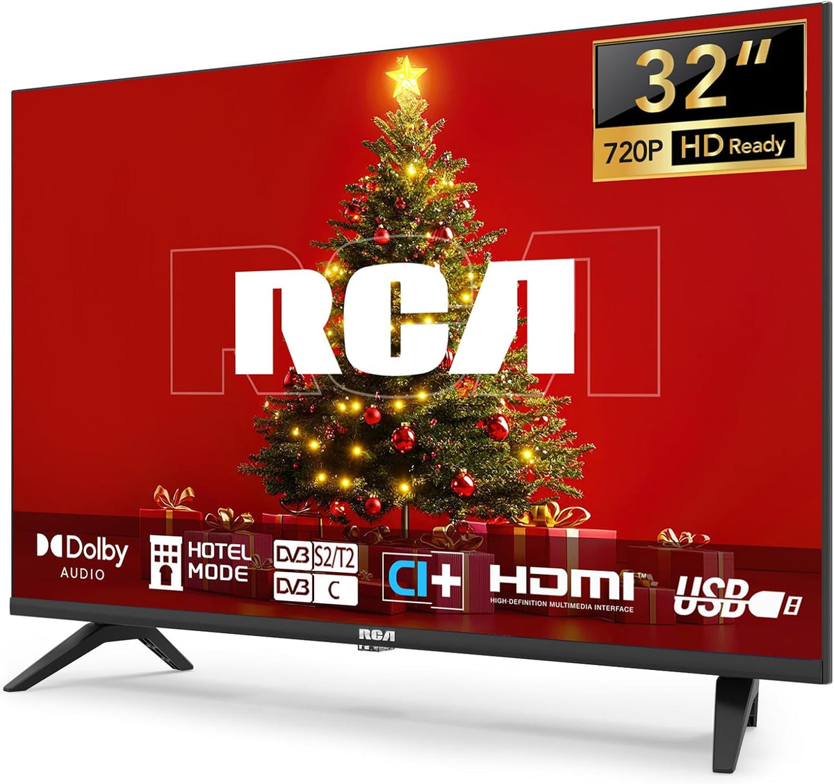 Televisor RCA de 32 pulgadas (80 cm) LED HD sin funciones inteligentes, con triple sintonizador (DVB-T/T2-C-S/S2), HDMI, VGA, reproductor multimedia USB, CI+ y modo hotel