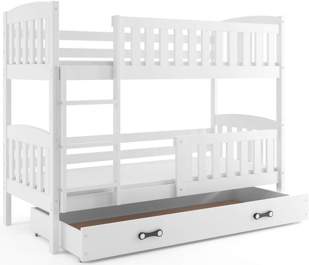 Interbeds Litera 200x90cm cama alta cama doble con cajón cama de madera de pino cama infantil cama juvenil con somier y barrera de seguridad (blanco, 200x90)