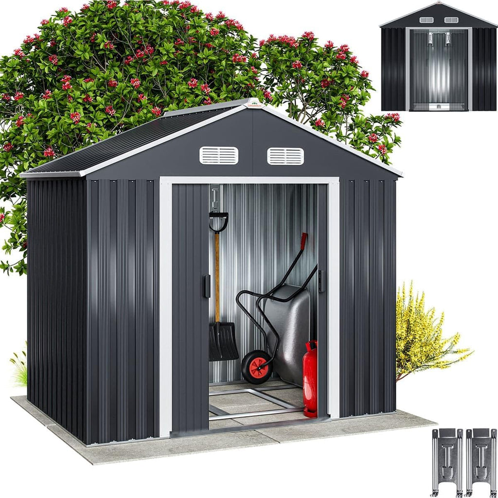 Caseta de jardín de metal GARDEBRUK® XL 2 m² con base 196x132x188 cm, puerta corredera, antracita, cobertizo de herramientas, caseta de jardín, armario 4 m³