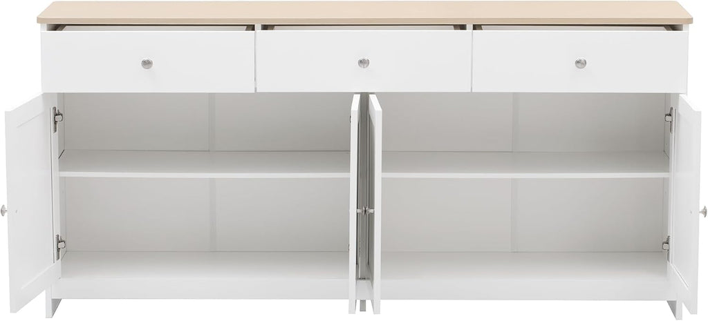 Aparador Ymkua, buffet, cómoda para salón y comedor, armario de almacenamiento con 4 puertas y 3 cajones, armario de salón moderno, 160x37x75 cm, madera y blanco