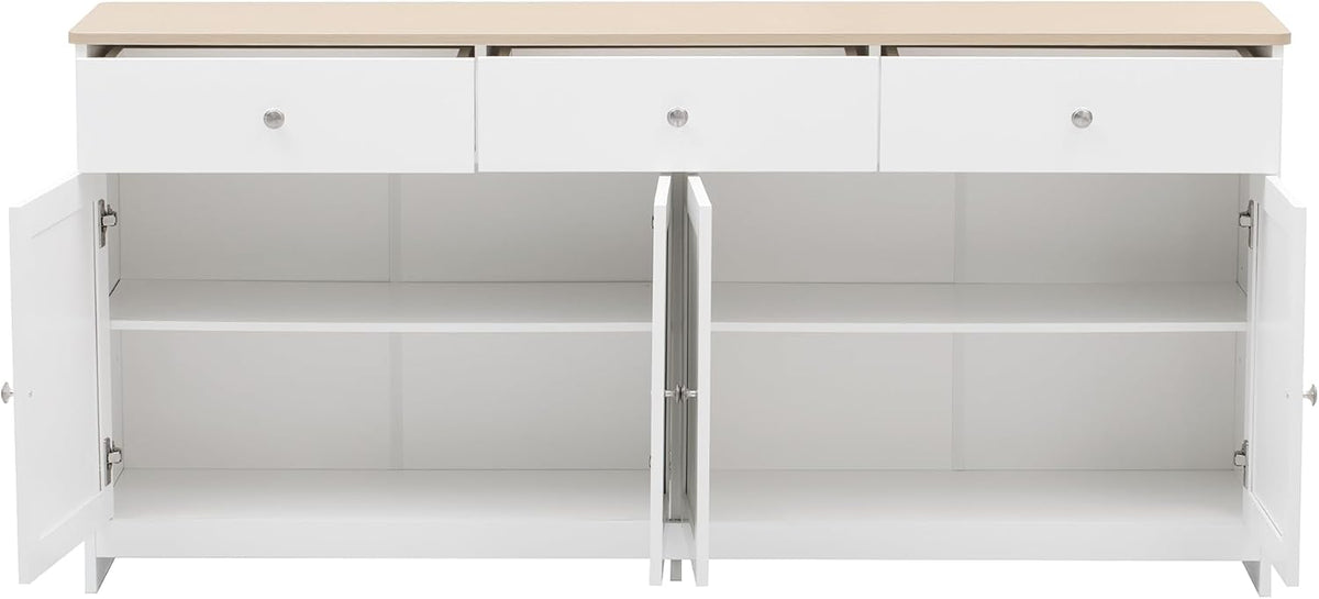 Aparador Ymkua, buffet, cómoda para salón y comedor, armario de almacenamiento con 4 puertas y 3 cajones, armario de salón moderno, 160x37x75 cm, madera y blanco