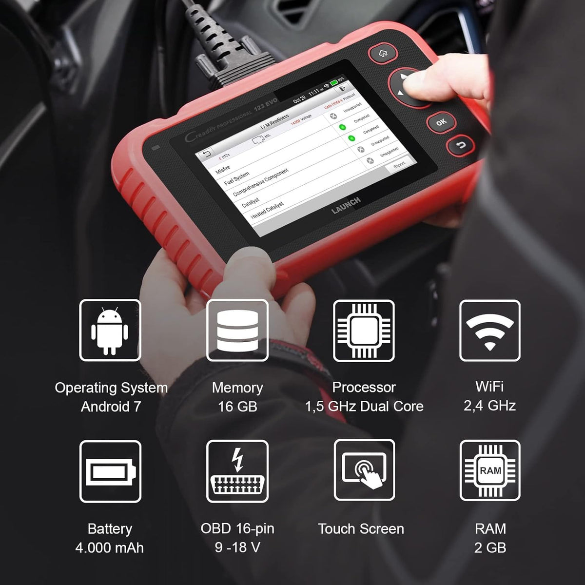 Launch Europe CRP 123 Evo OBD2 Dispositivo de diagnóstico automotriz, probador de aceite de motor, ABS, SRS, escáner de transmisión automática, actualización WiFi, pantalla táctil Android