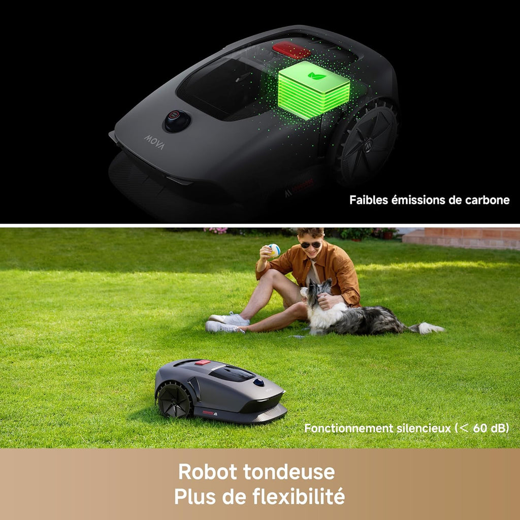 Robot cortacésped inalámbrico MOVA 600, cartografía LiDAR 3D de 360° hasta 600 m², evitación inteligente de obstáculos. Control por aplicación, corte en U, silencioso, alertas de seguridad.