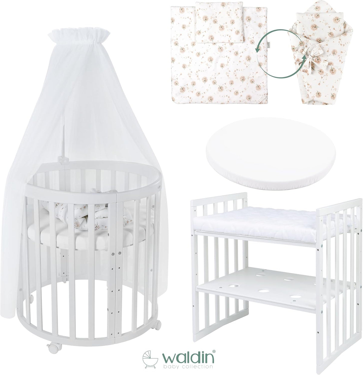 Cuna ovalada evolutiva Waldin, set completo 7 en 1, cuna de barrotes, cama infantil con colchón, cambiador, cuna colecho, madera blanca
