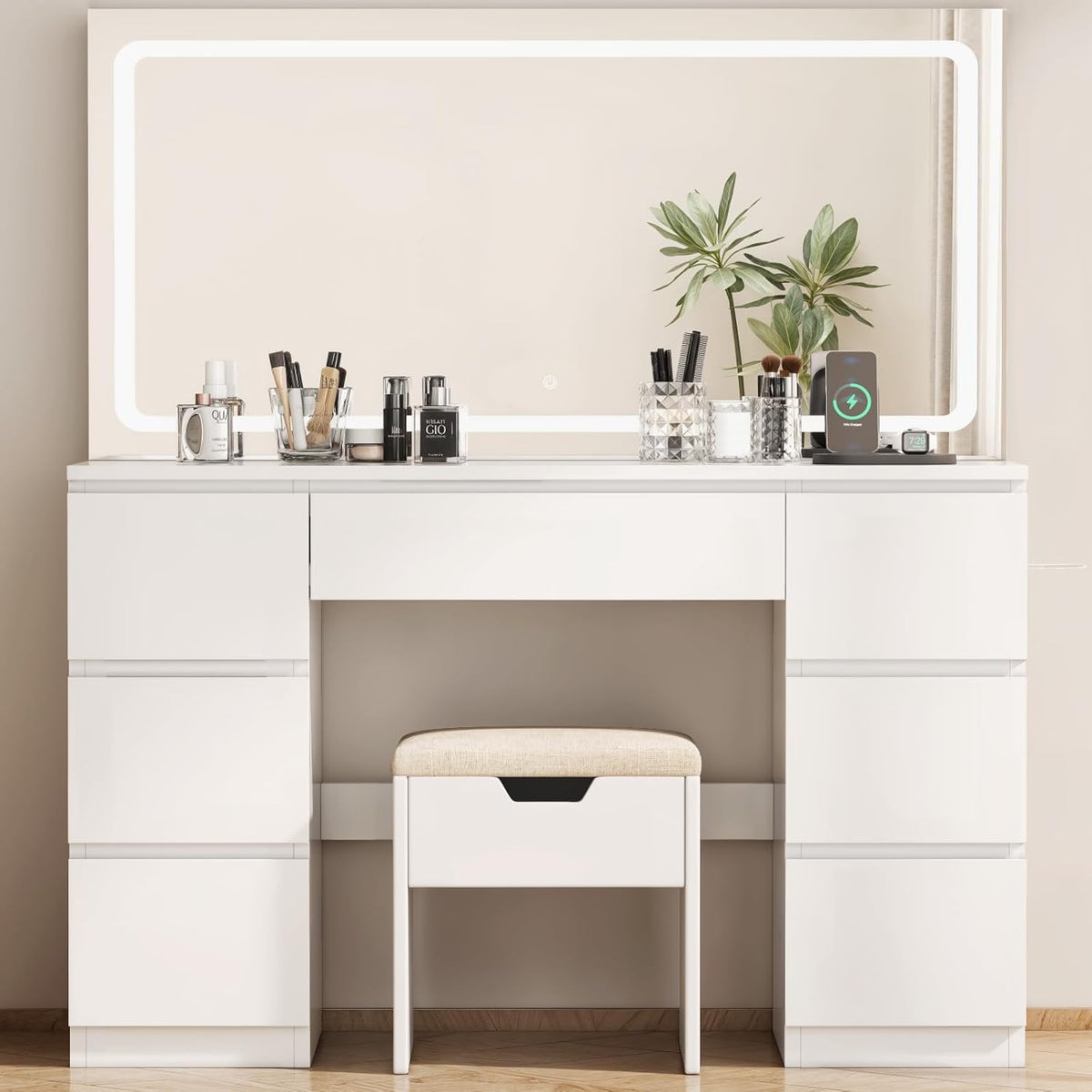 Tocador grande con espejo e iluminación LED de 115 cm, temperatura de color ajustable, tocador de 7 cajones con enchufe, mesa de maquillaje con taburete, 115x40x139 cm, blanco