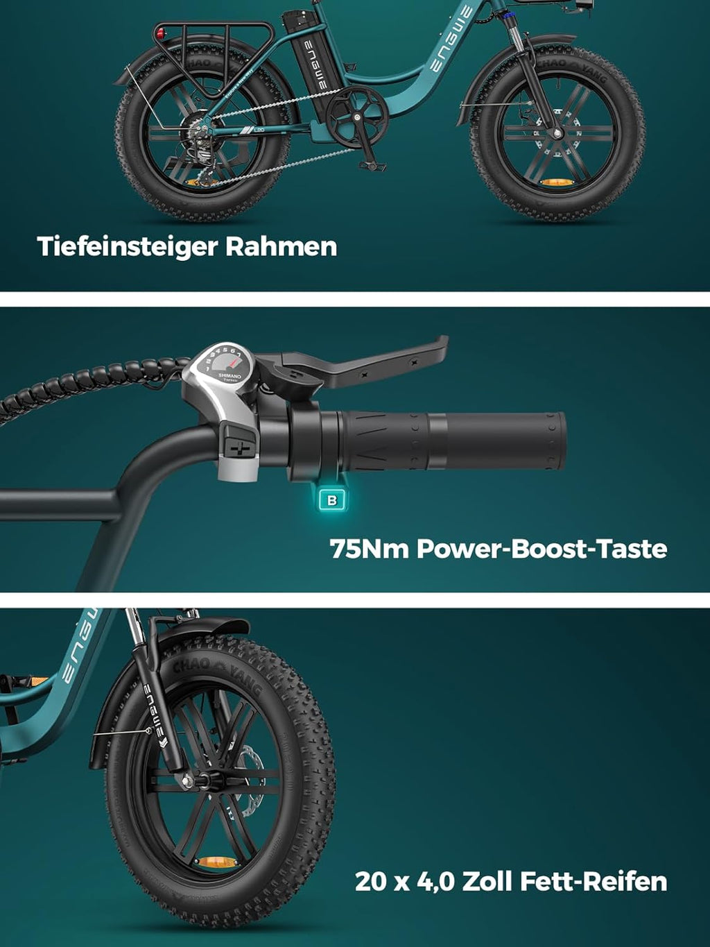 Bicicleta eléctrica ENGWE L20 Boost para adultos, batería extraíble de 48V 13Ah, autonomía de hasta 126 km, neumáticos anchos de 20×4,0, ebike de 7 velocidades