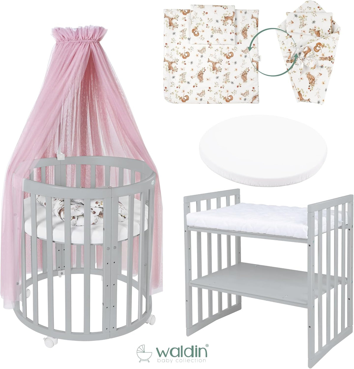 Cuna ovalada evolutiva Waldin, set completo 7 en 1, cuna de barrotes, cama infantil con colchón, cambiador, cuna colecho, madera blanca